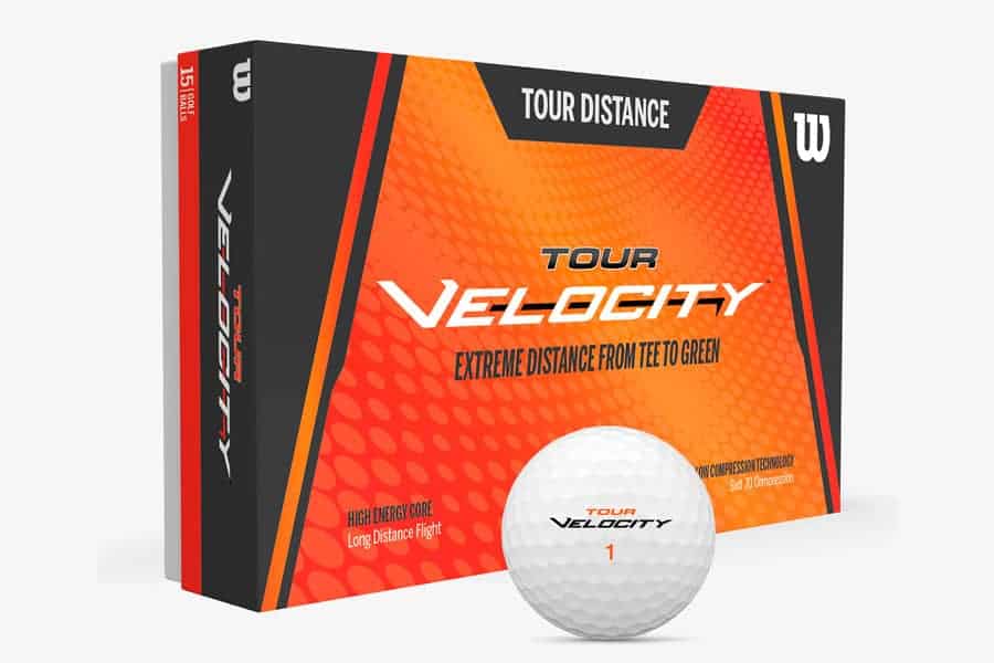 Wilson Tour Velocity Golf Ball is placed near the packaging