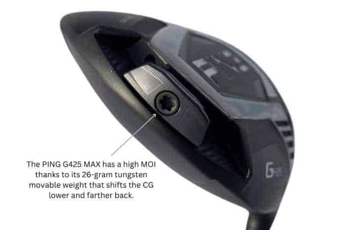 A close-up look of the PING G425 MAX Driver featuring the high MOI through the inclusion of a 26-gram tungsten movable C.G. shifting weight.
