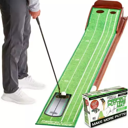 PERFECT PRACTICE Putting Mat w/ Alignment Mirror – Indoor Golf Putting Green w/ 2 Holes