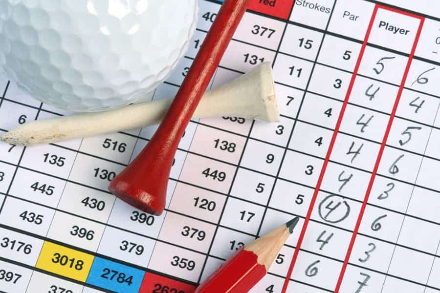 A golf scorecard with a golf ball, golf ball and pencil placed on them