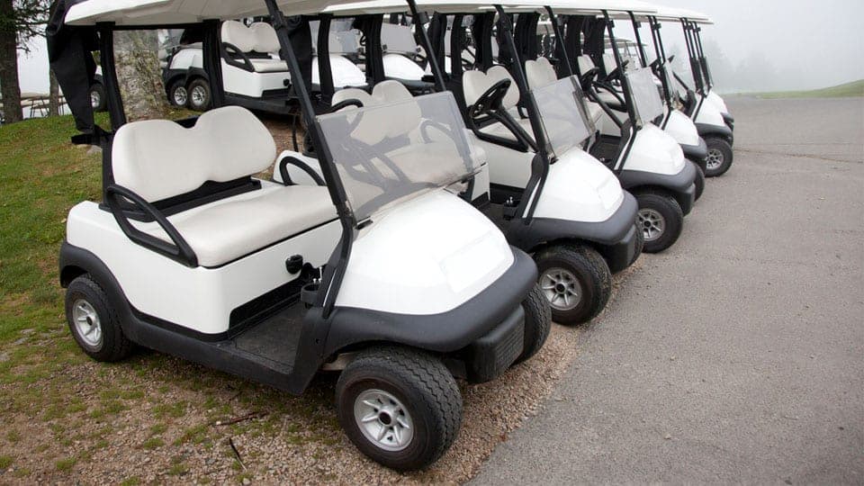 A fleet of golf carts present on the golf course to travel from one point to other.