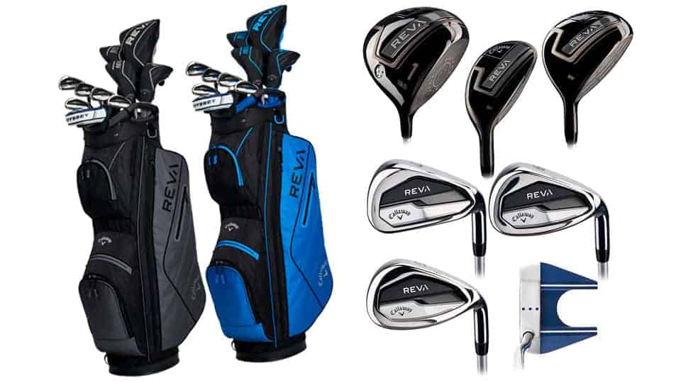 A complete set of callaway reva set for women consisting of drivers, irons, putters, hybrids, fairway woods, wedges.